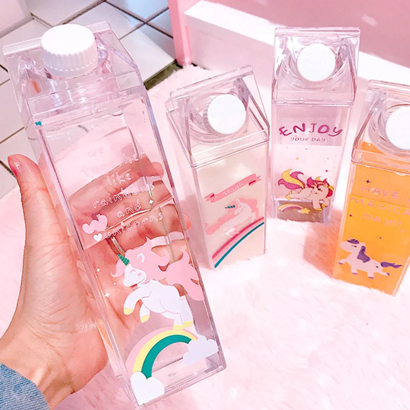 Kids Water Bottle Plastic No Leaks Pink Rainbow Unicorn 500ml Clear Drinks Flask 