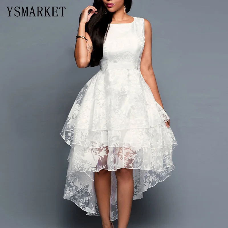 White Organza Mesh Silver Lace Embroidery Party Dress For Women Solid