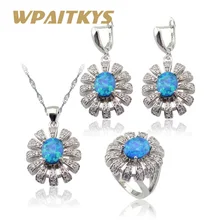 Австралийский Голубой опал белый кубический цирконий Серебро 925 комплекты украшений для женщин ожерелье кулон Висячие серьги кольца Подарочная коробка