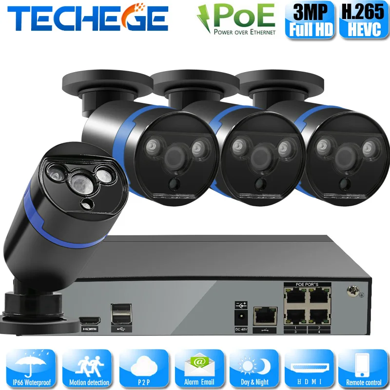 H.265 3.0MP POE 4CH системы видеонаблюдения 48 В 5.0MP NVR + 4 шт. ip-камера 2048*1520 P улица/Главная