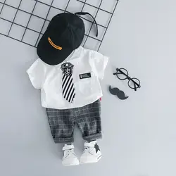 Бренд набор для новорожденных джентльмен стиль хлопок белый серый футболка + клетчатые шорты 2 шт. Формальное Повседневное платье для