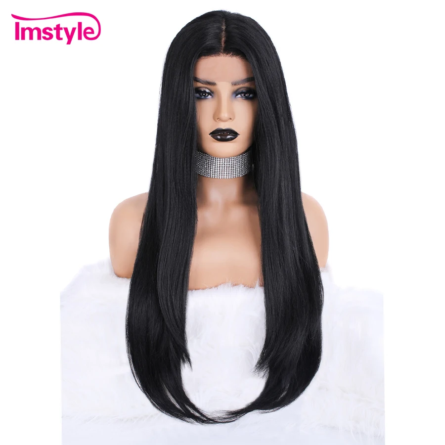 Imstyle прямые длинные черные синтетические парики на кружеве яки волосы для женщин средняя часть термостойкие волокна натуральные волосы 1B цвет