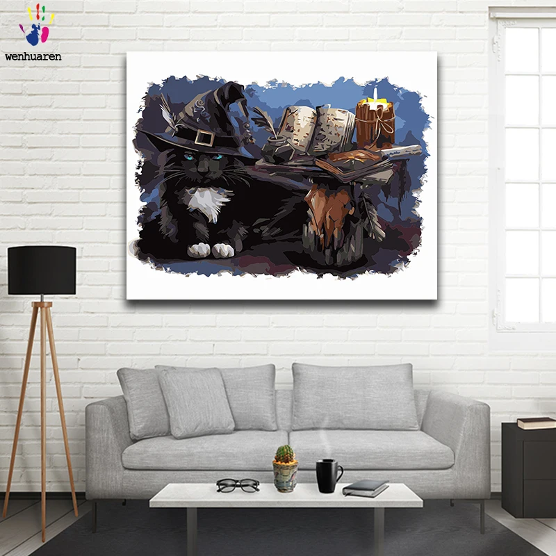 

Diy paint by numbers pictures painting by numbers with kits Black cat mysterious Decorative hanging painting Artwork gift cat