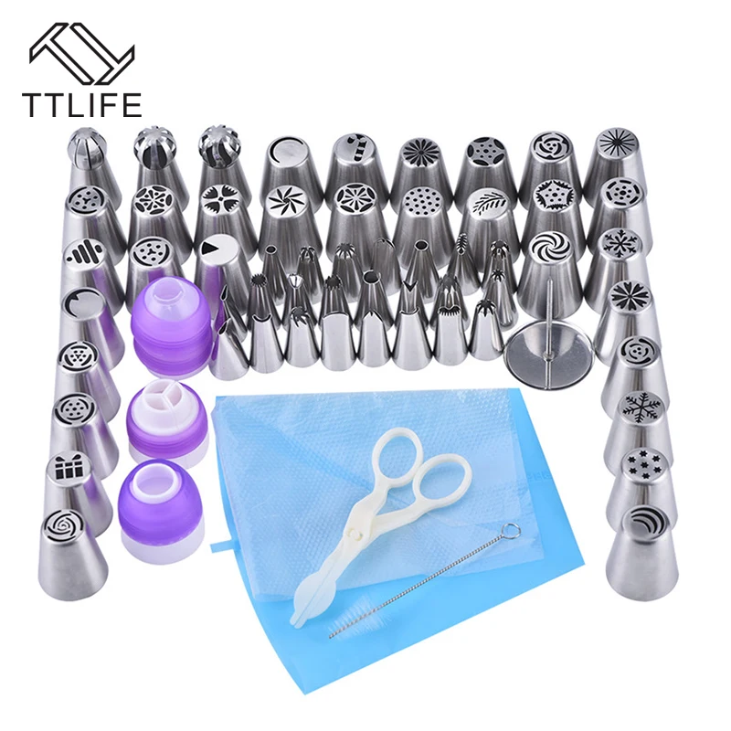 

TTLIFE 64pc/set Silicone Icing Piping Cream Pastry Bag + 56pc Stainless Steel Pastry Nozzles + Convertor for Cake Decoration Set