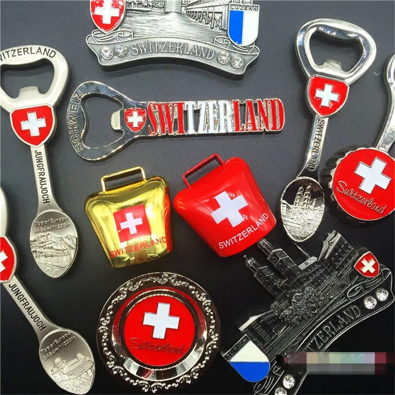

High Quality Metal Lucerne Switzerland Travel Tourist Souvenirs Fridge Magnet Bells Openers Refrigerator Magnetic Stickers