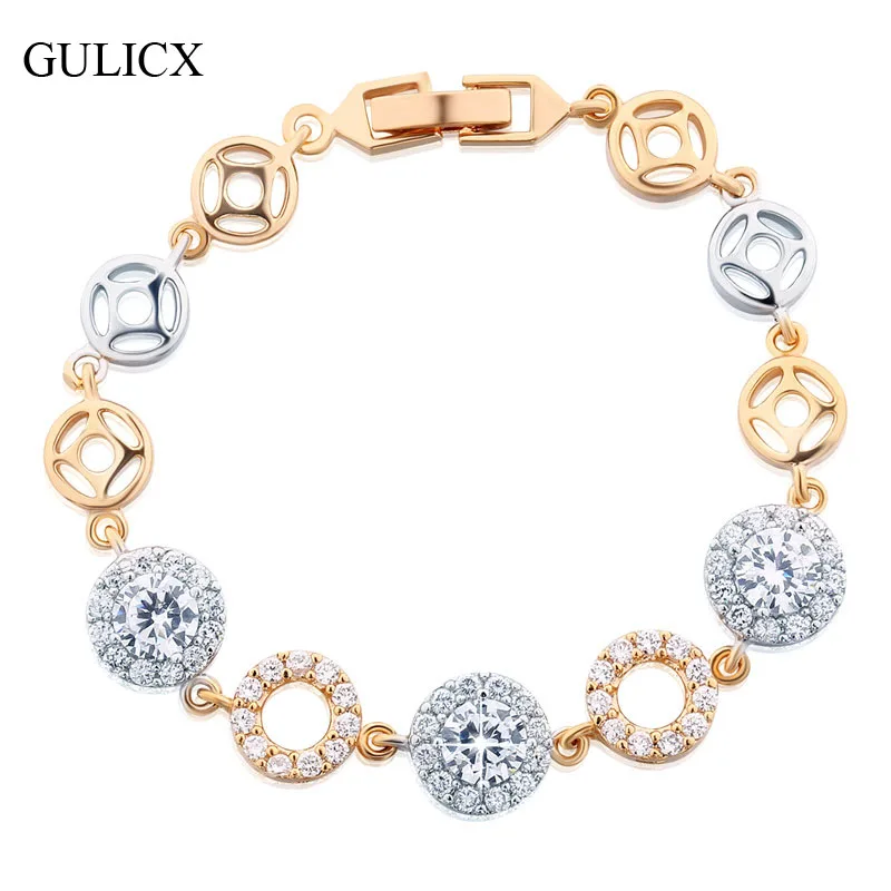 GULICX 2016 Luxury Lady Gift Round Crystal CZ Chain Link Bracelet for Women White Gold Color Bangle Wedding Jewelry L147 | Украшения и