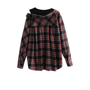 

2019 British style design fake two irregular plaid shirt loose sexy off-shoulder shirt