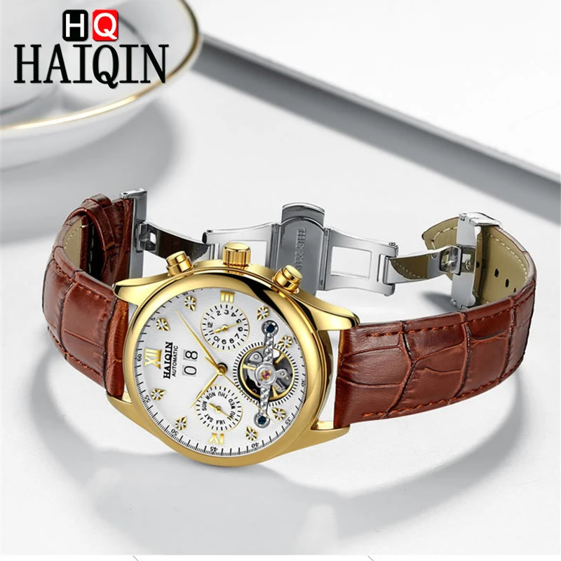 HAIQIN Men Watch Luxury Bussiness Automatic mechanical Watch men Leather Waterproof Male Wristwatch Calendar Self-winding Clock 