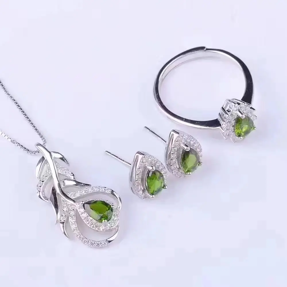 Верность естественно 4*6 мм диопсид s925 серебро редко перо fine jewelry наборы для женщин вечерние натуральный зеленый драгоценный камень