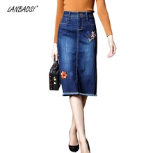 LANBAOSI джинсовая юбка с вышивкой для женщин, винтажные джинсовые юбки, повседневные, высокая талия, до колена, ковбойские женские Faldas
