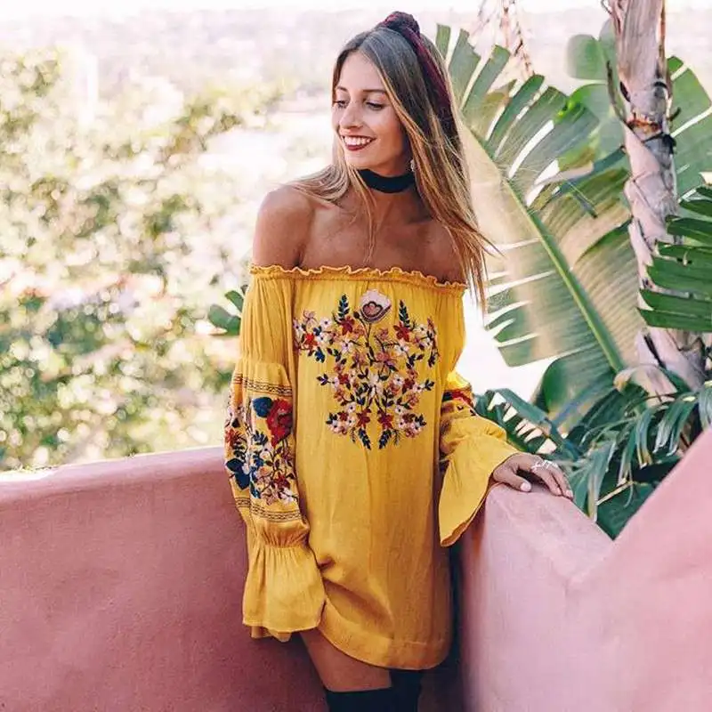 Vintage Floral Embroidery Women Dress 2017 Summer Boho Long Sleeve Sexy Slash Neck (4)