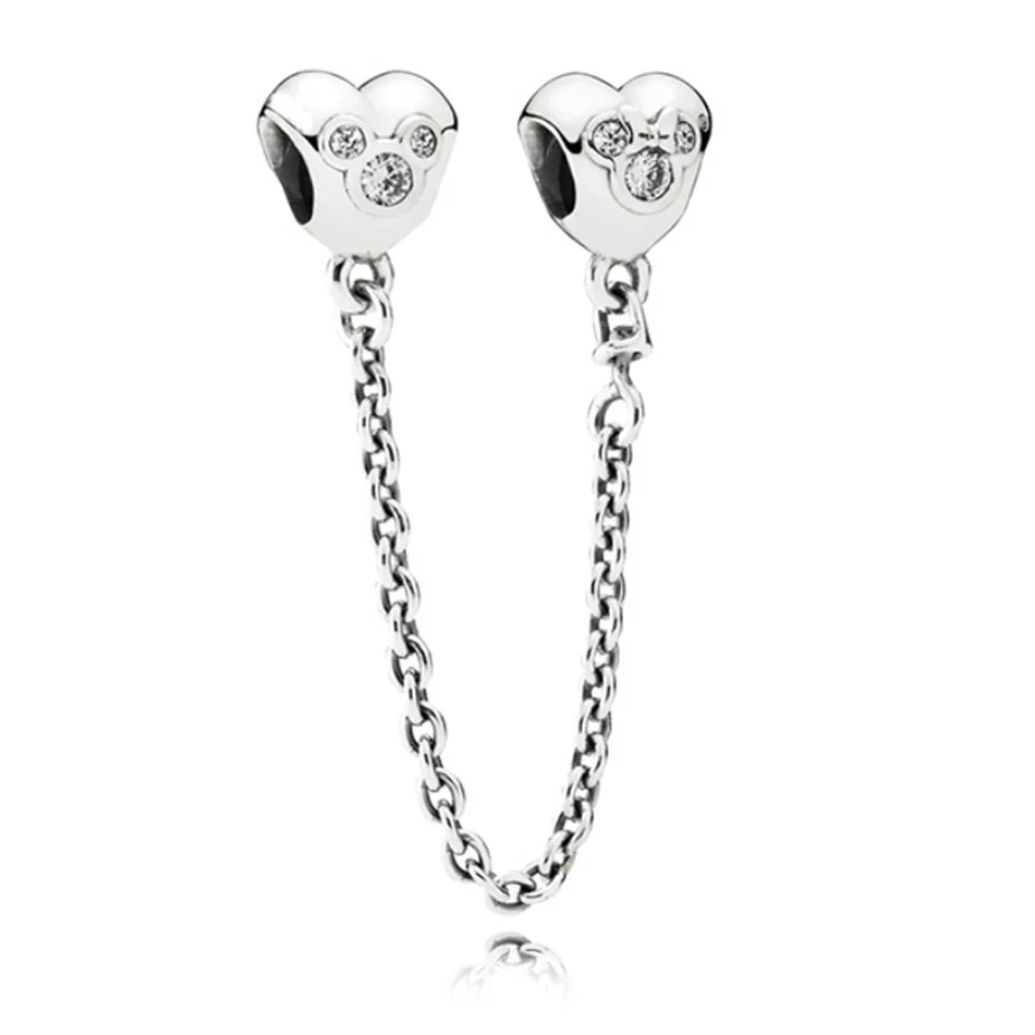 

925 Sterling Silver DIY Jewelry Mickey & Minnie Safety Chain Charm fit Pandora Bracelets & Bangles