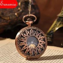 Sol flor tallada rojo bronce cuerda a mano de los hombres mecánicos reloj de bolsillo con cadena bien esqueleto Steampunk Vintage reloj de bolsillo de regalo