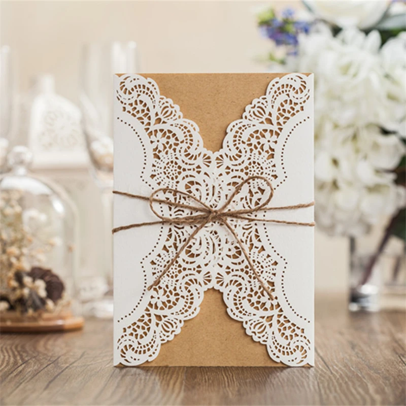 Image 1pcs Vintage Rustic Inviting Card Personalized Custom Ribbon Envelope Event Party Supplies Sample White Wedding Invitations