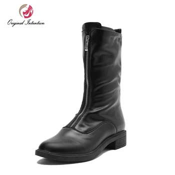 

Original Intention Women Popular Low Heels Flat Boots Botas Mujer Round Toe Winter Black Shoes Woman Motorcycle Plus US Size New