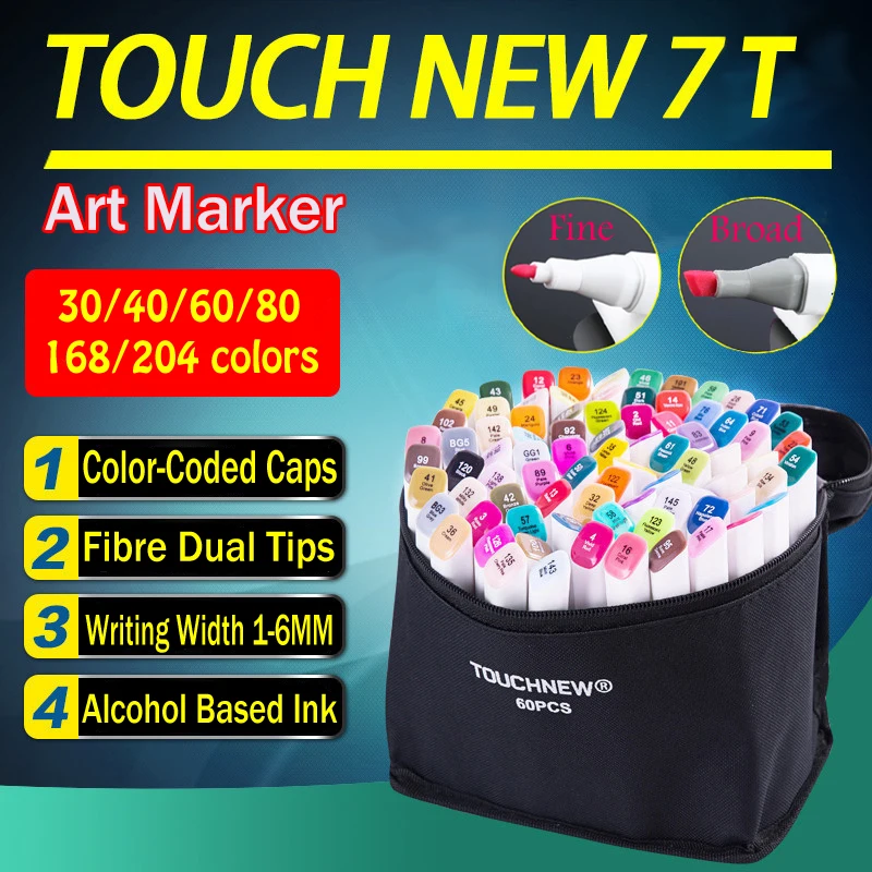 

TOUCHNEW T7 Twin art markers 60 80 168 Set Colors Alcohol Graphic Drawing Dual Tip Sketch Marker Pens Hand Painted Design Draft