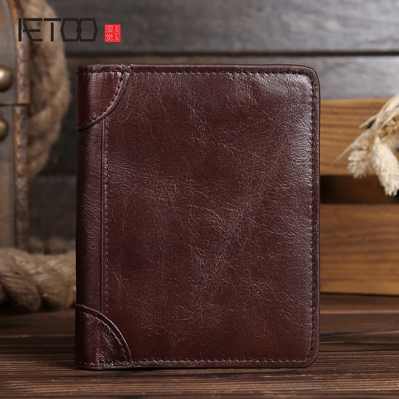 

AETOO Men's leisure wallet male leather short section of ultra-thin vertical section of the first layer of Vintage wallet