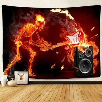 

HommomH Tapestry Art Decor Wall Hanging in Dorm Living Room Bedroom Guitar flame sound human skeleton love music art black