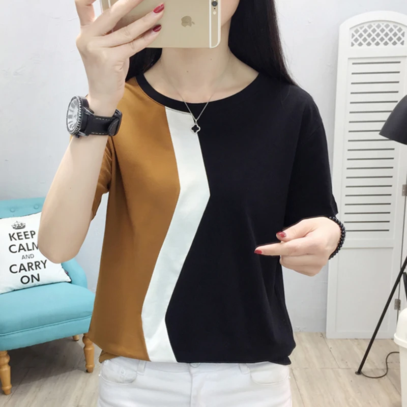 

Summer Casual Cotton T Shirt Women Patchwork T-shirt Women Tops Plus Size XXXL Streetwear Harajuku Women Shirts