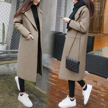 

New Autumn Winter Women Coats Plus Size Fashion Turn-Down Collar Single Button Solid MD-Long Style Woolen Blends Coat For Women