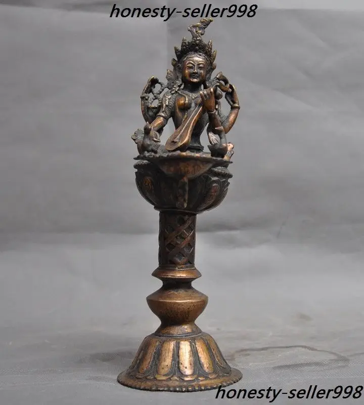 

christmas 12" Rare Old Tibet Temple Bronze 4 Arms Chenrezig Goddess Statue Oil lamp stand halloween