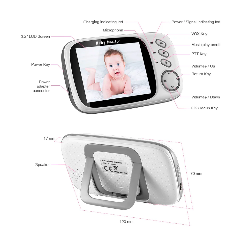 3.2 inch Portable 2 Way Talk Night Vision Temperature Monitoring Colorful Babyfoon Wireless Video Baby Monitor Security Camera _05