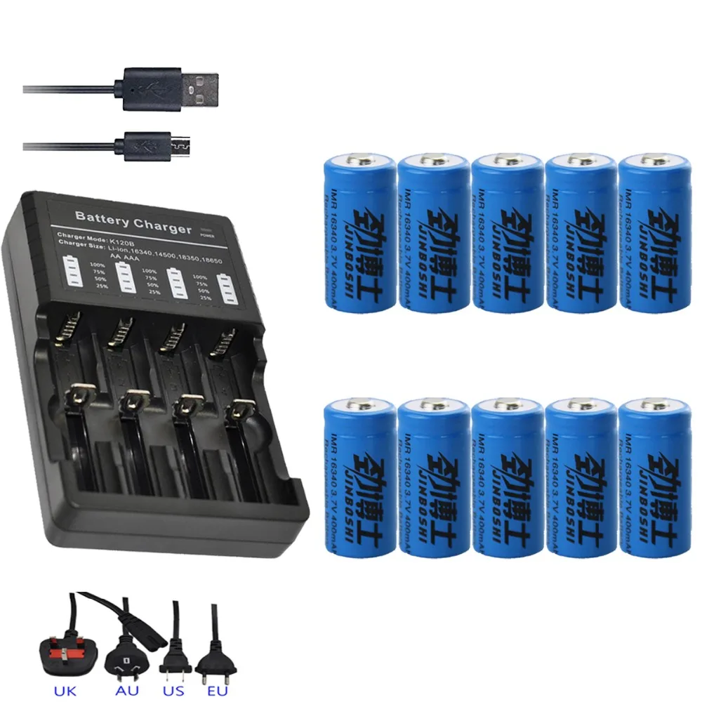 

10pcs 3.7v 400mAh CR123A rechargeable lithium 16340 battery For strong light flashlight battery +1PCS 16340 18650 charger