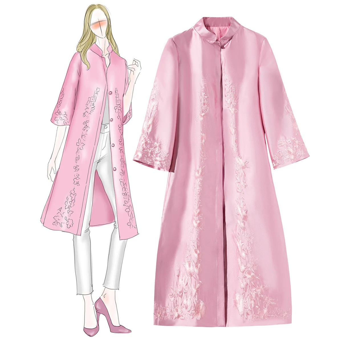 

Hot Sale Women Embroidery Flower Qipao Elegant Loose Windbreaker Vintage Improved Cheongsam Vestidos Chinese Style Slim Coat