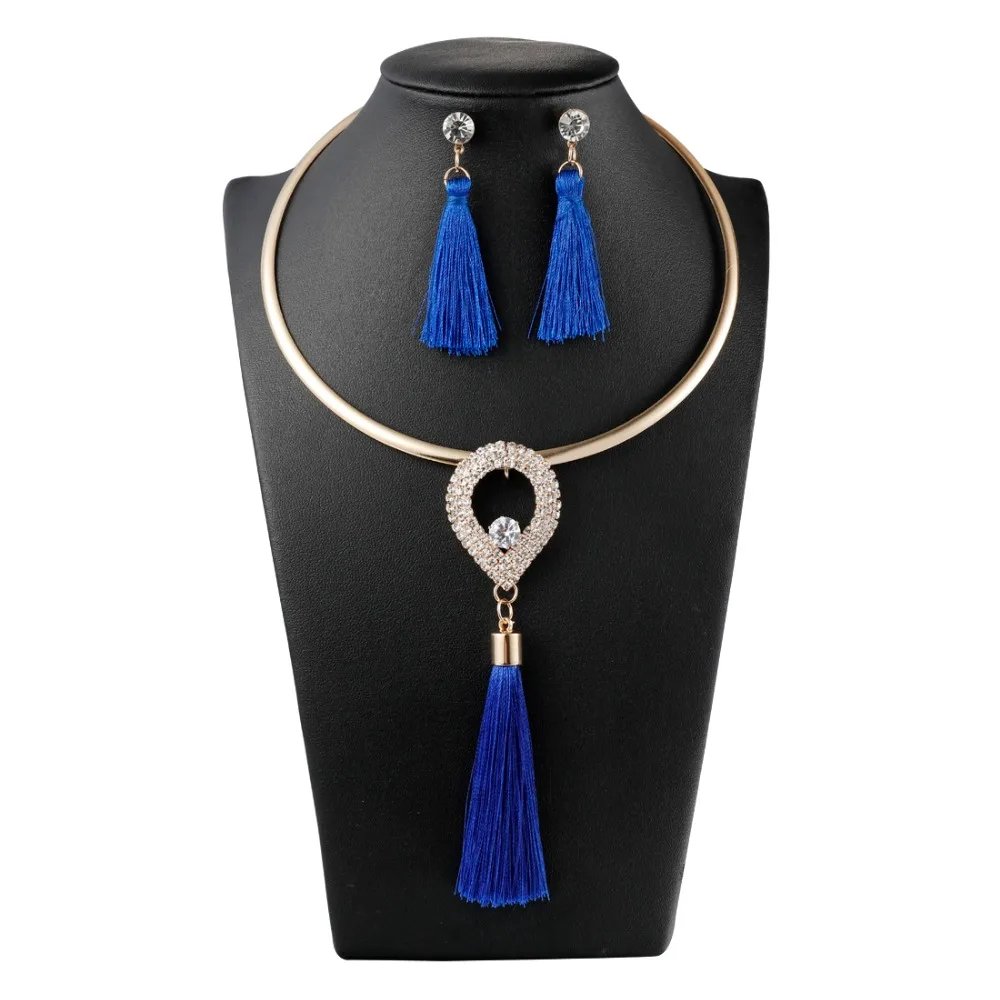 

Elegant Tassel Jewelry Sets Gold Chain Crystal Water Drop Chocker Necklaces Earrings Sets Wedding Jewelry For Women Party Gift