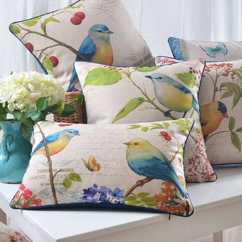 

Flowers & Birds Cushion Covers American Vintage Colour Painting Bird Floral Butterfly Tree Pillow Cover Linen Cotton Pillow Case