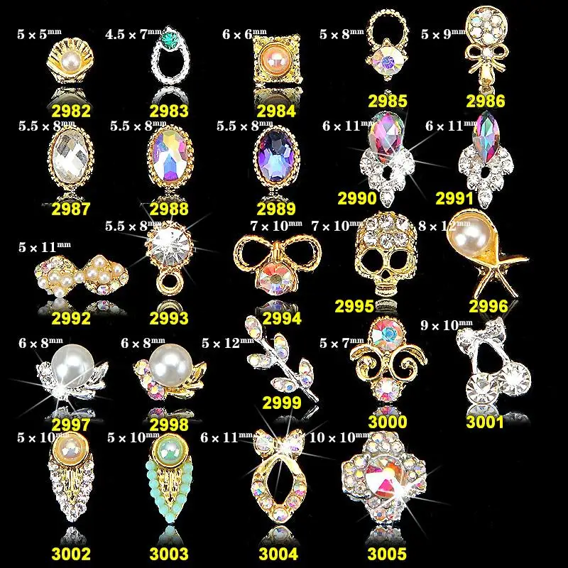 

100pcs gold 3d ring metal pearl shell crystal mixed rhinestones cross nail art decoration 3d jewelry nails supplies Y2982~3005