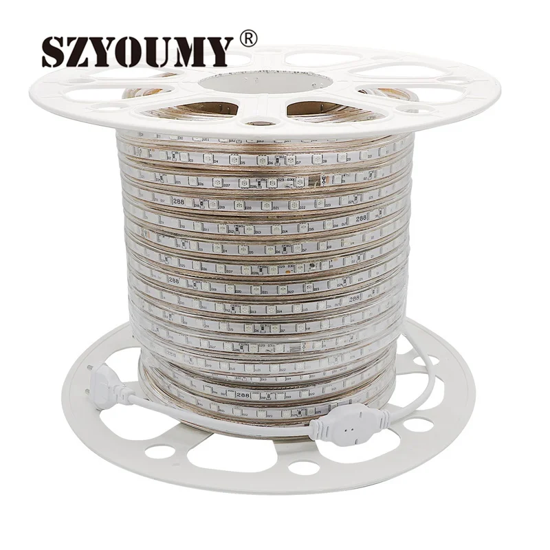 buy SZYOUMY Free Shipping 220V SMD 5050 Led Strip Light White Led Color 60leds m 20m Waterproof IP66 Led Strips With Power Plug