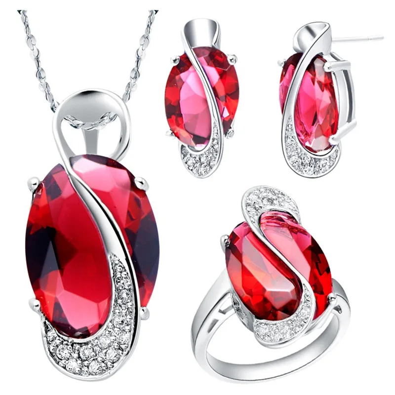Red Rhinestone Necklace Sets For Weddings Silver Jewelry Set Crystal