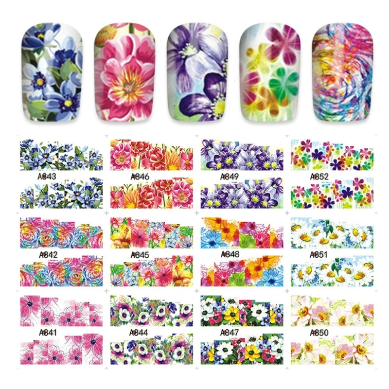 

12Pcs/Set Flower Designs Nail Art Adhesive Sticker Complete Decals Wraps Water Transfer Manicure Tips For DIY