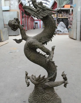 

32" Chinese Folk Feng Shui Bronze Zodiac Year Dragon Play Bead Animal Statue