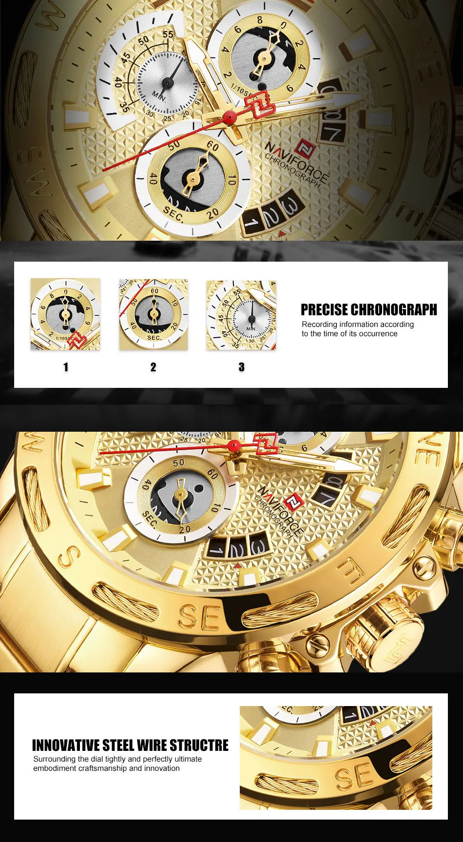 Оригинальный бренд NAVIFORCE, роскошные мужские спортивные часы, золото, полная сталь, водонепроницаемые военные кварцевые наручные часы для
