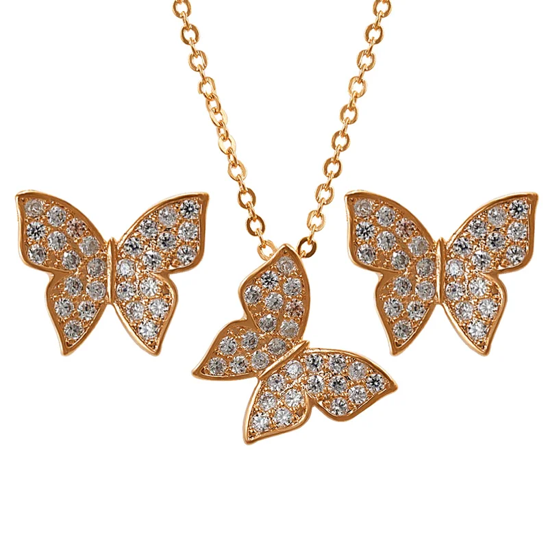 Высокое качество кубического циркония Бабочка CZ Циркон кулон ожерелье и серьги набор украшений для женщин в золотом или серебряном цвете покрытием
