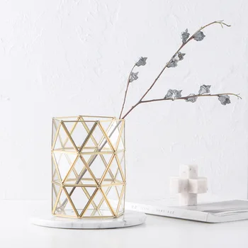 

Shelf Vase Luxury Brass Glass Pots Vintage Dried Flower Vase Planters Tube Vase Makeup Brush Holder for Home Wedding Decoration