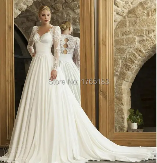 2017 Elegant Cinderella V Neck Sheer Lace Long Sleeve A Line Wedding 2017 Elegant Cinderella V Neck Sheer Lace Long Sleeve A Line Wedding Dresses Chiffon Chapel Train Garden Outdoor Bridal Gowns In From