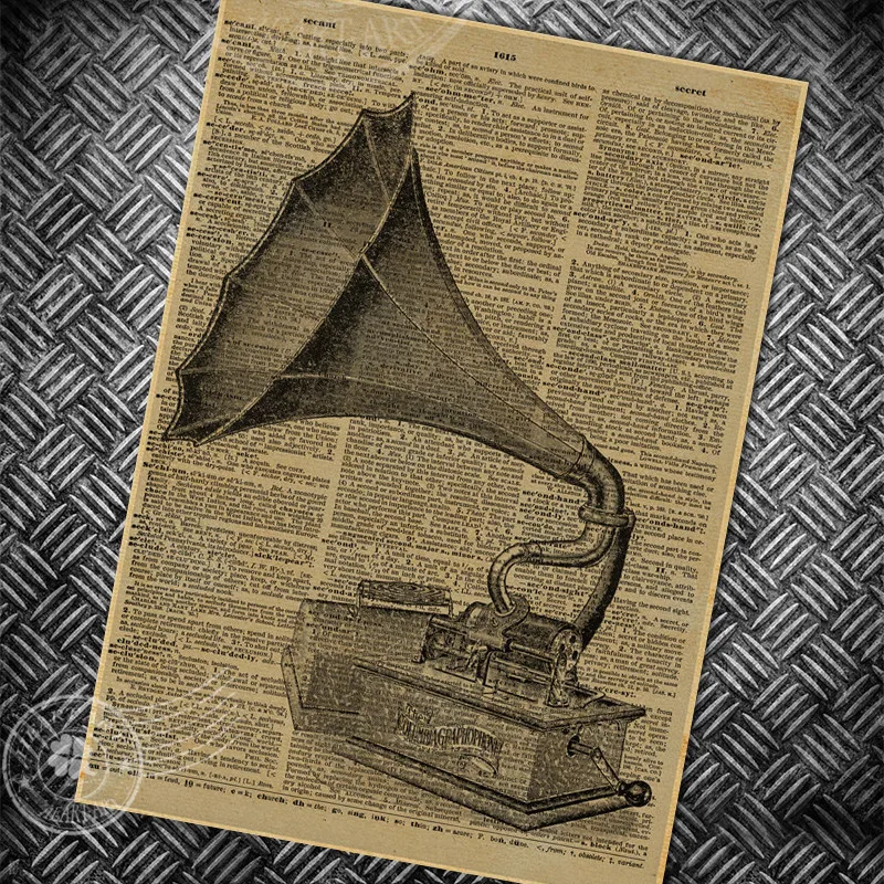 

phonograph abstract newspaper page vintage poster retro old painting bar club living room house wall art picture photo 42x30cm