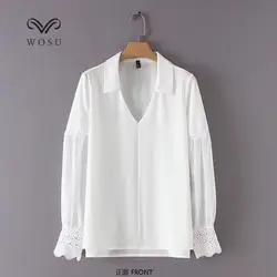 WOSU Для женщин Мода Кружева Украшенные с пышными рукавами рубашка кофта с длинными рукавами рубашка Сплит Совместное V воротник рубашки BB029