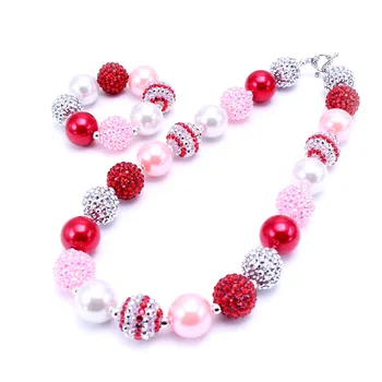 

MSH.SUN Kids Chunky bubblegum Jewelry Set Red+Pink Beads Chunky Necklace Bracelet Fashion Design Girls Toddler Gifts New