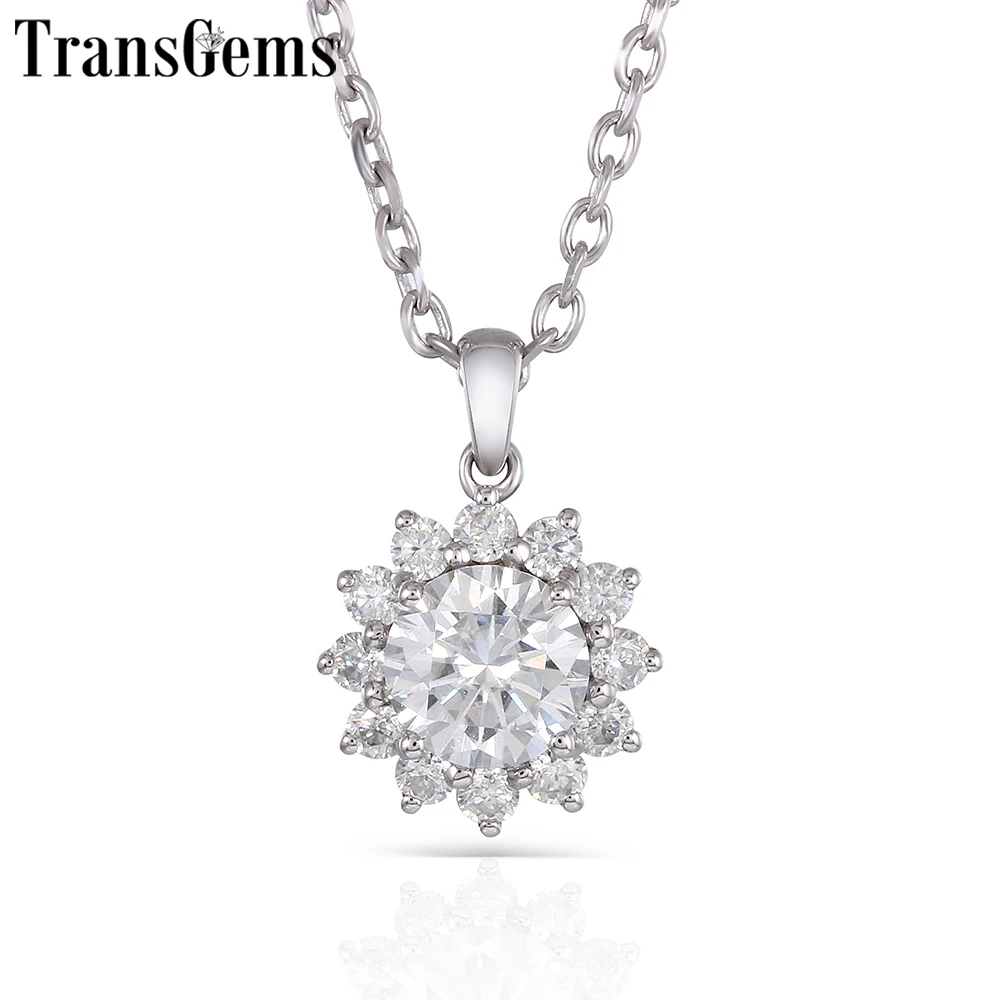 

TransGems Sunflower 14K 585 White Gold Center 1ct 6.5mm F Color Moissanite Halo Pendant for Women with Moissanite Accents