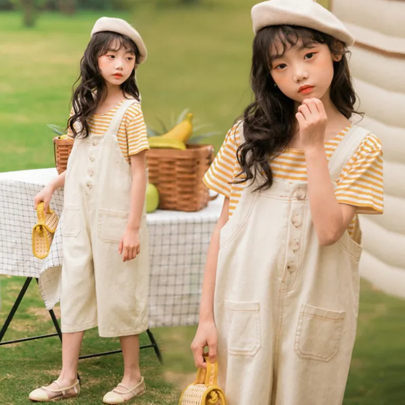 

DFXD Children Clothing Set Summer Fashion Short Sleeve Striped Shirt+Loose Jeans Overall 2pcs Teenage Girls Clothes Set 3-14Yrs