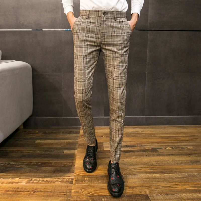

2018 autumn new trend men's casual pants Korean version of the slim men's youth business casual England plaid feet trousers