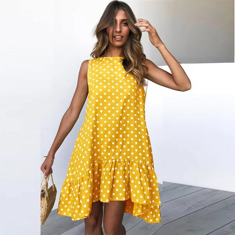 2019 Summer Women's Clothes Dress Round Neck Sleeveless Polka Dot Loose Large Ruffled Dress