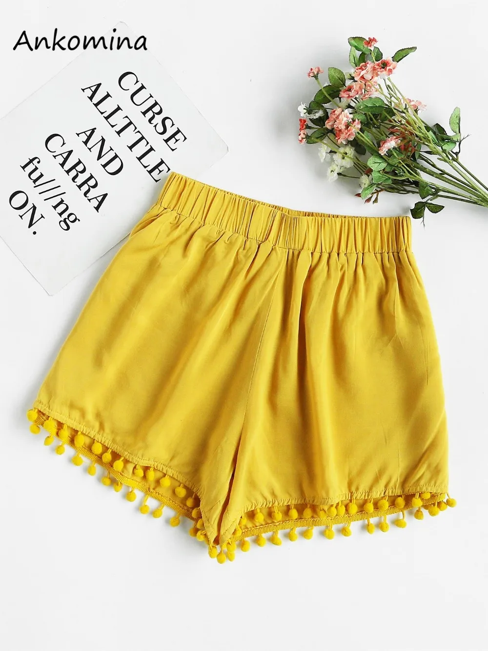 Ankomina summer new style cotton shorts high waist belt shorts Solid