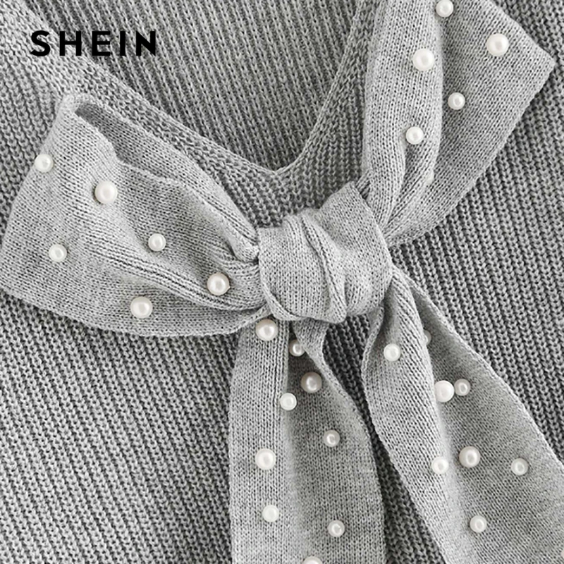 SHEIN رمادي Preppy أنيقة زائد حجم مسقطة الكتف القوس التفاصيل الصلبة البلوفرات سترة الخريف عارضة عمال المرأة صداري