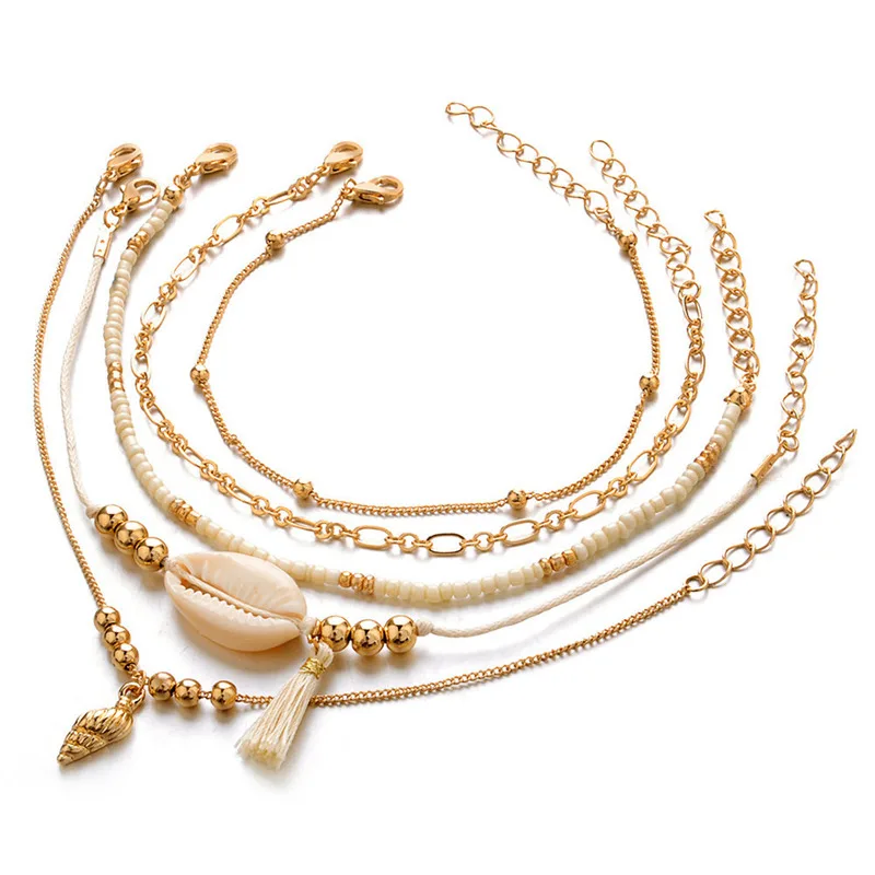 

5pcs/ Set European And American Style Wind Braided Shell Beads Bracelet Set Women Shell Beads Chain Personality Beach Party