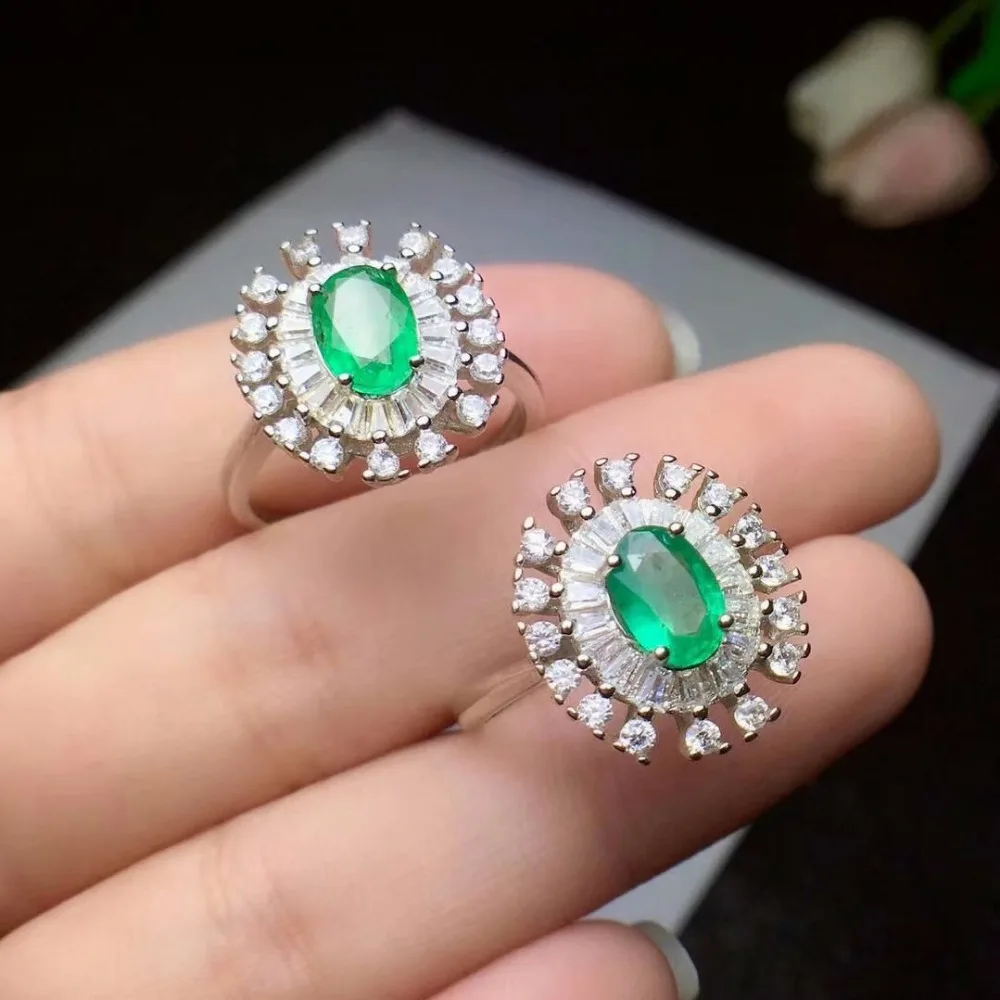

100% 925 sterling silver real Natural green Emerald Rings fine Jewelry gift women trendy open wholesale 5*7 cj050702agml
